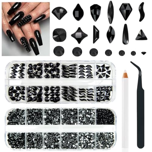 qiipii 4080Pcs Black Nail Rhinestones Multi Shapes Flatback Jet Black Gems for Nails Round Beads K9 Glass Nail Crystals Stones Diamonds jewels Nail Art Supplies Charms for Nail Face Eyes Makeup Crafts - color: Jet Black, size: B Set