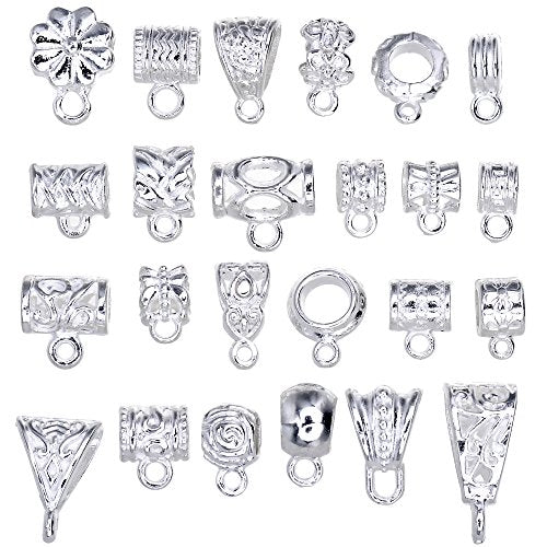 RUBYCA 96Pcs Mix Tibetan White Silver Color Connectors Bails Beads fit European Charm Bracelet Pendant - color: White Shiny Silver