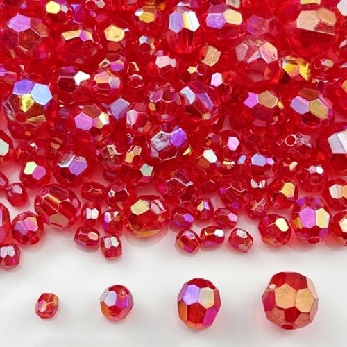 1800pcs Acrylic Faceted Round Beads 4mm 6mm 8mm 10mm AB Colors Glossy Acrylic Round Spacer Beads with Hole for DIY Bracelet Necklace Jewelry Making Supplies Handmade Craft(Red AB) - color: Red AB