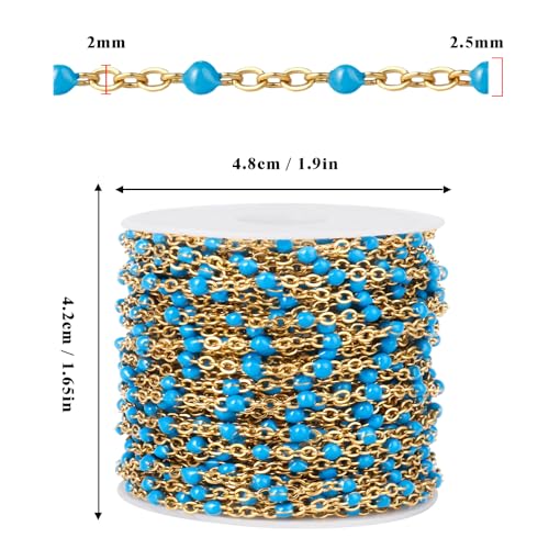 33 Feet Gold Enamel Chains Bulk, 2mm 18K Gold PVD Plated 304 Stainless Steel Light Blue Enamel Beaded Cable Link Chain Roll Spool for Jewelry Making - color: Gold Light Blue Beads