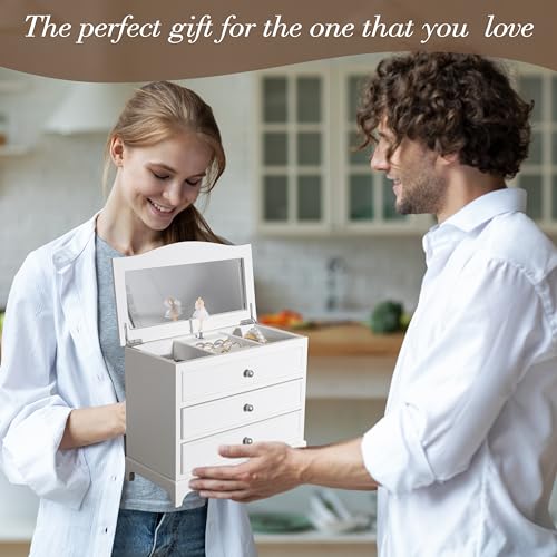 White Ballerina Musical Jewelry Box with Mirror for Girls and Women,Jewelry Storage Box, for Birthday,Valentine's Day and All Holidays,Great Gift for Daughter, Wife