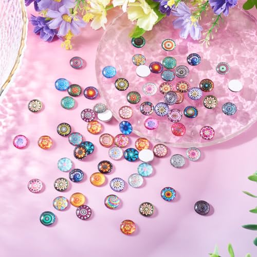 100Pcs/Set Flat Round Transparent Glass Cabochons with Pattern Eye Flatback Glass Dome Flatback Cab Beads for Photo Cameo Jewelry Making Necklace Ring DIY Crafts 12x4mm Random Kaleidoscope - color: 100Pcs-12x4mm-Random Kaleidoscope