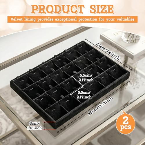 2 Pcs 24 Grid Stackable Jewelry Organizer Tray with Removable Dividers Ice Velvet Jewelry Display Showcase Tray for Necklace Earring Ring Bracelet Holder (Black Velvet) - color: Black Velvet