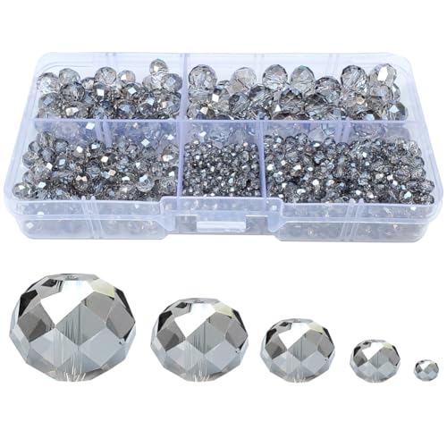 Clear Grey Rondelle Glass Beads for Jewelry Making, Faceted Briolette Crytal Spacer Beads for Bracelet Necklace Earring (2mm 4mm 6mm 8mm 10mm Mixed Sizes, 1000pcs) - color: Clear Grey