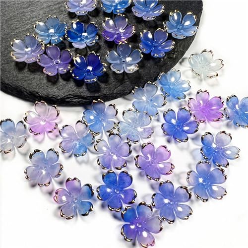 50Pcs Cherry Blossom Acrylic Flower Beads, Mini Floral Spacer Beads for Jewelry Making 5-Petal Gradient Flower Bead Gold-Plated Flowers Bead Charms for Bracelets (Blue-Violet Gradient) - color: Blue-Violet Gradient