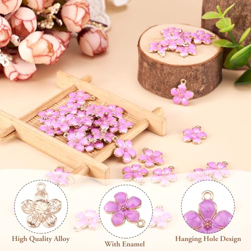 Beadthoven 100pcs Enamel Charms Cherry Blossom Daisy Flower Pendants Gold Plated Small Cute Bulk for Jewelry Making Bracelet Necklace Earrings Keychain DIY Accessories - color: 0Lilac