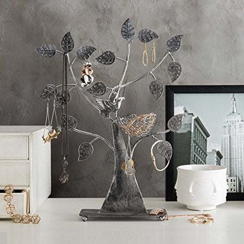 MyGift Silver Metal Jewelry Tree with Bird Nest - Holds up to 48 pair Earrings - color: Silver