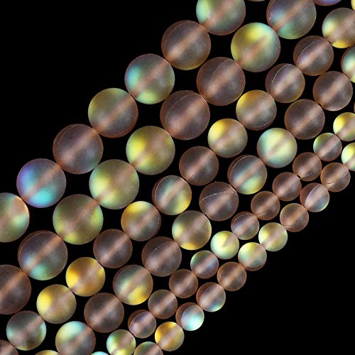 Matte Brown Aurora Crystal Glass Beads, 6MM Frosted Glitter Shining Mermaid Round Loose Beads, Rainbow Holographic Synthetic Moonstone for Jewelry Making DIY Bracelet - color: Brown, size: 6MM