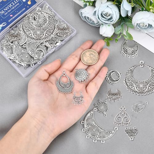 SUNNYCLUE 1Box 48Pcs 12 Style Chandelier Connector Earring Findings Multi Loops Bohemian Charms Antique Silver Round Teardrop Charms for Jewelry Making DIY Craft Supplies - color: 48pcs 12 Style