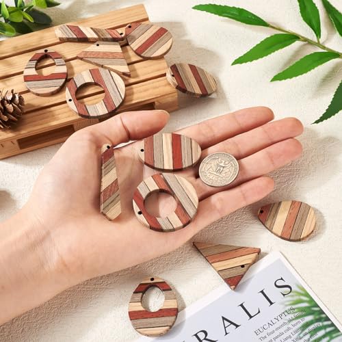 Beadthoven 12pcs/6 Pairs Natural Wood Charms DIY Earrings Pendants Colorful Striped Dark Red Rustic Wooden Pendants Mix Wood Pieces for DIY Jewelry Making Bohemian Earrings Necklace Accessories - color: Dark Red Brown