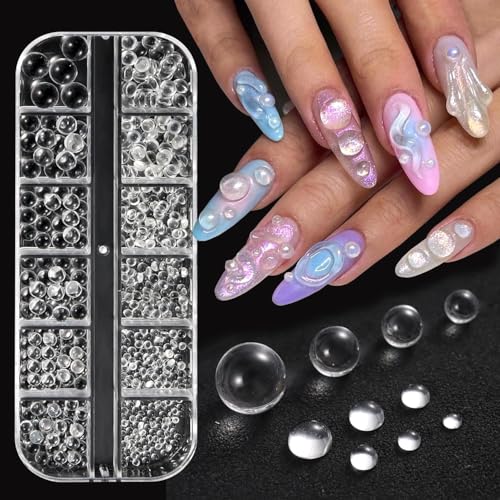 Multi Sizes Clear Bubble Beads 3D Nail Charms, Round and Half Round Transparent Dewdrop Water Droplets Glass Bubble Balls Crystal Gems for Nails Supplies DIY Crafts Decorations - color: Clear Round + Half Round