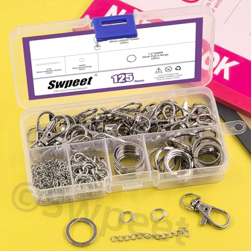 Swpeet 125Pcs Silver Keychain Making Set, 25Pcs Swivel Lanyard Snap Hook, 25Pcs Keychain Ring, 25P Extender Chains, 50P Open Jump Rings, Swivel Lobster Clasps, Keychains Clips - color: Silvery