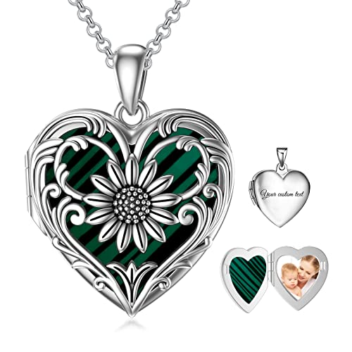 SOULMEET Personalized Silver Locket Necklace That Holds Pictures Photo Keep Someone Near to You, Memorial Custom Lockets Necklaces Letters Engraving for His Her - color: N3-Malachite sunflower-Black, style: Locket+Custom Photo+Engraved