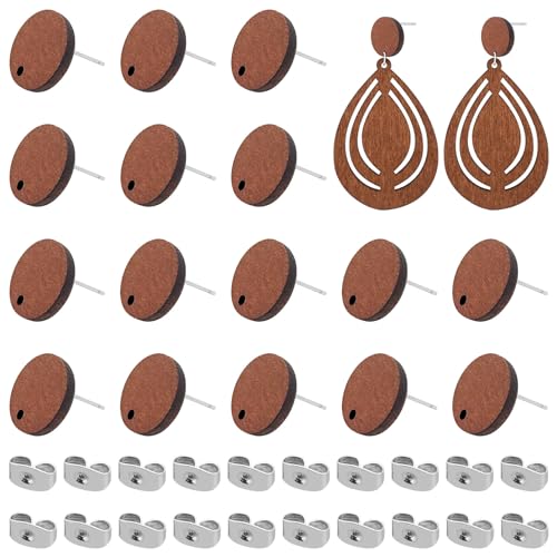 Wood Earring Posts,160Pcs Wooden Stud Earrings Posts with Loop for Jewelry Making Wood Stud Earring Findings Earring Pin Stud Bulk with Butterfly Earring Backs for DIY Earrings Making Supplies Kit - color: Round-160Pcs