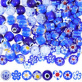 1 Box 160pcs 8 Styles Blue Millefiori Lampwork Beads Handmade Flower Heart Evil Eye Flat Round Glass Loose Spacer Bead Charm Bulk for Jewelry Making Bracelets Necklaces DIY Craft Supply