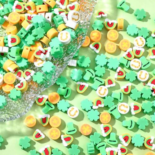 SUNNYCLUE 1 Box 300pcs St Patricks Day Clay Beads Clover Shaped Beads Green Irish Three Leaf Clover Horseshoes Shape Polymer Clay Heishi Disc Bead for Jewelry Making Supplies Holiday Festival Gifts - style: Style 1