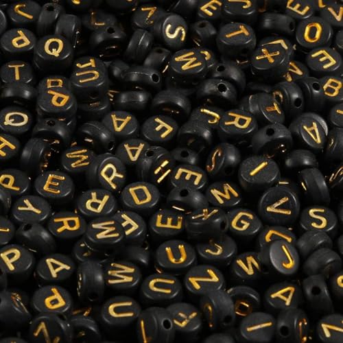 Yochus 1000pcs Black Round Acrylic Alphabet Beads 4x7mm Gold Letter A-Z Beads for Jewelry Making and DIY Bracelets, Necklaces, Key Chains - color: Black/Gold, size: 4x7mm