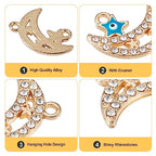 Cheriswelry Rhinestone Enamel Connectors Charm Links Evil Eye Alloy Metal Pendants Antique Silver Flat Round Hamsa Hand Owl Feather Heart Charm Pendant for Bracelet Necklace Jewelry Making - color: Mixed Color-Moon & Star