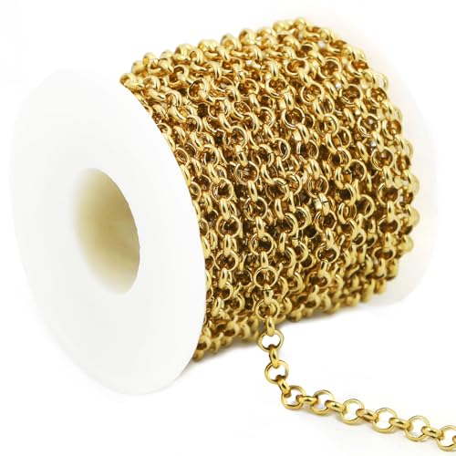 UniCrena 6mm Gold Rolo Chain Jewelry Making Supplies - 9.8ft 3m Link Chain Bulk for DIY Bracelet Hat Chains Decoration - color: Round Rolo_Gold, size: 6mm_3m/9.8ft