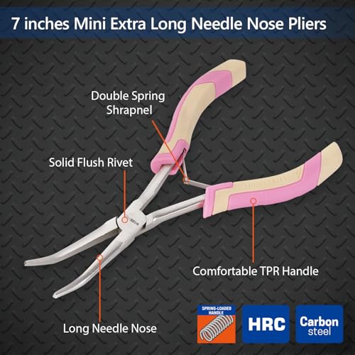 Mini Long Reach Needle Nose Pliers, 7 Inches Straight/Bent Small Long Nose Pliers with Comfort Handle for Wire Wrapping, Electronic Repair, Jewelry Making - color: Bent Long Needle Nose Pliers - Pink