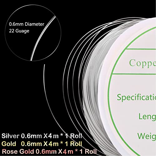 3 Pack Jewelry Wire - 22 Gauge Tarnish Resistant Copper Beading Wire for Jewelry Making, 0.6mm X 4m Each (Gold, Silver, Rose Gold)