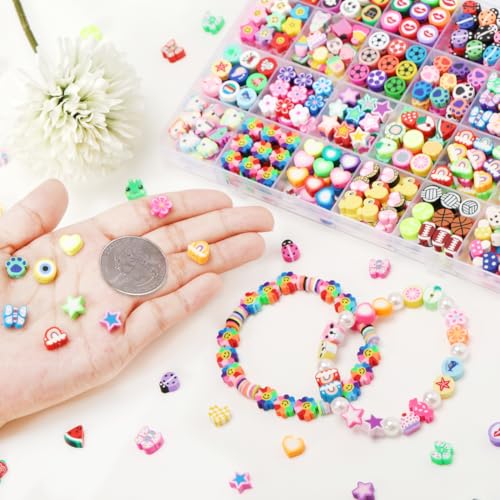 500 Pieces Polymer Clay Beads for DIY Jewelry Making, 24 Style Cute Clay Bead Animal Beads Flower Football Sports Beads Charms for Bracelets Necklace Crafts Kits for Adults Women