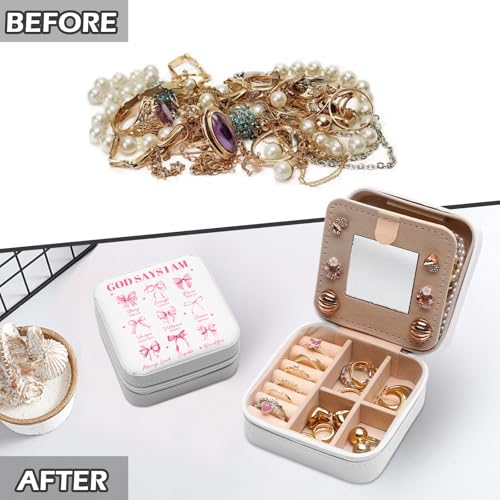 GAOLZIUY Christian Gifts for Women Girls, Pink Bow Travel Jewelry Box, Coquette Preppy Bible God Portable Jewelry Organizer Case, Inspirational Religious Spiritual Catholic Faith Prayer Gifts - color: Christian - 01
