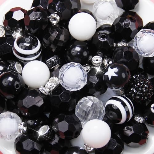 106 Pcs 20mm Beads for Pens Making with Rondelle Spacer Beads Black White Acrylic Focal Bubblegum Bead Crystal Round Sparkly Chunky Bead for Pens Beadable Keychain DIY Craft Jewelry Making Supplies - color: Black White
