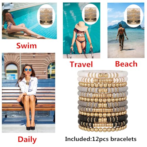 12pcs Friendship Bracelets Beaded Bracelets Heishi Bracelet Cute Bracelets Stack Vinyl Clay Disc Bead Surfer Stretch Summer Beach Bracelets For Women Preppy Bracelets - color: B-color 3