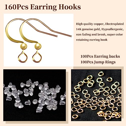 160 PCS/80 Pairs 14K Gold Tone Plated Earring Hooks Hypoallergenic Ear Wires Fish Hooks with 100 PCS Clear Silicone Earring Backs and 100 PCS Jump Rings Gold Earring Findings for DIY Jewelry Making - color: C style-14K Gold Earring Hooks