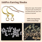 160 PCS/80 Pairs 14K Gold Tone Plated Earring Hooks Hypoallergenic Ear Wires Fish Hooks with 100 PCS Clear Silicone Earring Backs and 100 PCS Jump Rings Gold Earring Findings for DIY Jewelry Making - color: C style-14K Gold Earring Hooks