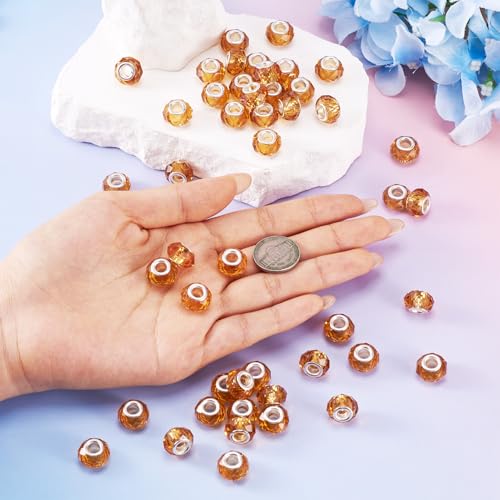 100pcs 14mm Large Hole Beads Glass Crystal Faceted Beads Goldenrod European Crystal Spacer Bead for Necklace Earring Bracelet Crafts Jewelry Making - color: Goldenrod