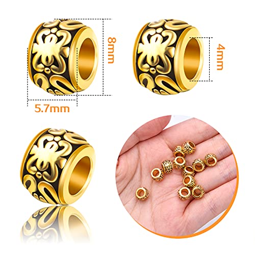 BronaGrand 100pcs Antique Gold Large Hole Spacer Beads Tibetan Alloy Column Barrel Beads with Nice Patterns Loose Charm Beads for European Charm Snake Chain Bracelet Jewelry Making - color: Gold