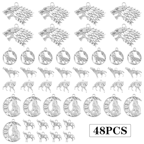 48 Pieces Vintage Alloy Mixed Wolf Shape Charms Tibetan Silver Animal Wolf Head Dangle Pendants for DIY Handmade Projects Jewelry Making Supplies, 6 Styles