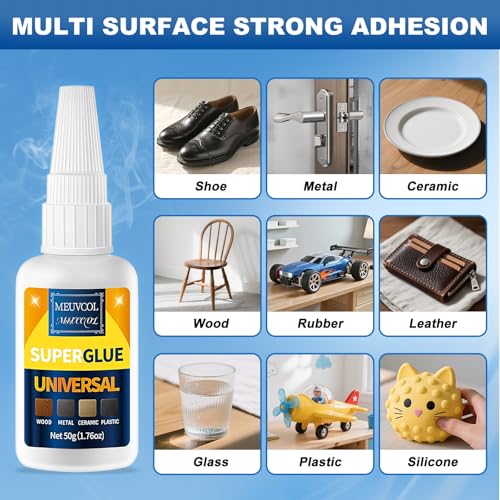 Meuvcol Super Glue All Purpose 100g - Instant & Waterproof Superglue for Plastic, Ceramic, Wood, Shoe, Glass, Leather, Rubber, Shoe Ca Glue - Strong & Clear Liquid Cyanoacrylate Adhesive, 6 Nozzles - size: 100g, style: Super Glue