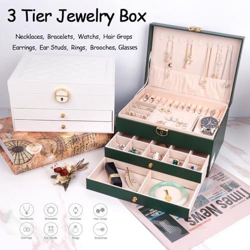 3 Layer Jewelry Box Organizer with Drawers, Lockable PU Leather Jewelry Storage Case for Mothrer's Day gifts Necklace Earring Ring Bracelet Watch, White - color: White