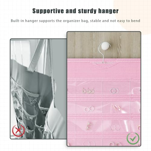 1 Pack Hanging Jewelry Organizer 80-Pocket Dual-sided Jewelry Storage for Earring Necklace Bracelet Ring Travel Holder, Pink - color: Pink