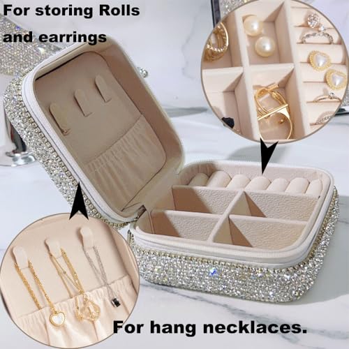 Bling Jewelry Organizer, Travel Jewelry Case Organizer Portable Small Jewelry Storage Box Shining Jewelry Holder Case Gifts for Women Teen Girls and Friends Mother's Days (Silver)