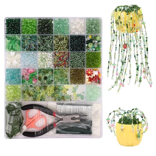 Sinbana 5422pcs Beaded Plant Kit, Green Glass Beads with Floral Wires Pliers Scissors & Artificial Moss DIY Forever Plant Craft Kit Leaf Flower Beads for Jewelry Making & Home Decor