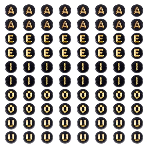 500Pcs Acrylic Beads 7mm Black Vowel Letter Beads Gold Alphabet Bead A E I O U Small Initial Kandi Bead for Crafts DIY Friendship Bracelets Keychain Jewelry Making Supplies - color: Black, Gold Letters, size: 7x3.5mm
