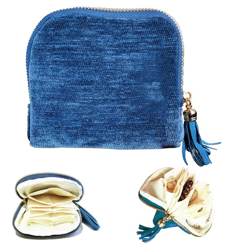 Travel Jewelry Organizer Case - Velvet Zipper Pouch with 6 Compartments for Bracelets, Earrings, Necklace, Anti-Scratch Storage, Valentine Gifts for Women (Peacock Blue) - color: Peacock Blue