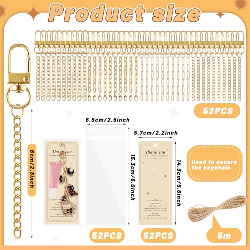 Wurosi 52 Set Lip Gloss Keychain Making Kit, Gold Keychain Clips Hooks with Extender Chain, Gift Bags, Thank You Cards, 5M Hemp Rope, for DIY Key Chain Making Crafts - color: 52 Set Keychain Making Kit