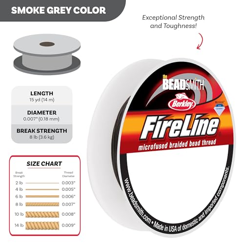 The Beadsmith Fireline by Berkley – Micro-Fused Braided Thread – 8lb. Test, 007”/.17mm Diameter, 15 Yard Spool, Smoke Grey – Super Strong Stringing Material for Jewelry Making and Bead Weaving… - color: Smoke Grey, size: 8lb, 15 yard