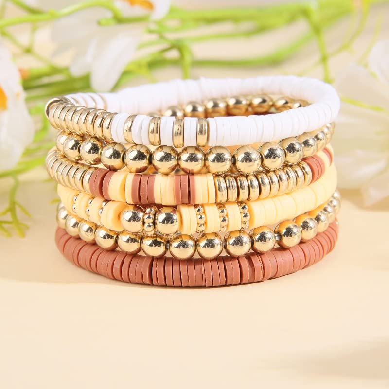 5-7PCS Surfer Colorful Clay Beads Stretch Bracelets Bohemian Stackable Gold Beads Vinyl Disc Elastic Bracelets Multilayer Summer Beach Jewelry Set - color: G-Brown