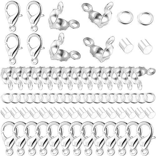 1200 Pcs Jewelry Making Accessories Set with 100 Pieces Lobster Claw Clasp 300 Pieces Bead Tips Knot Covers 400 Pieces Crimp Tube Beads and 400 Pcs Open Jump Ring Connectors for DIY Jewelry (Silver) - color: Silver