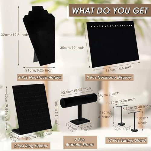 Henoyso 22 Pcs Velvet Jewelry Display Set Jewelry Display for Selling Necklace Stand Bracelet Holder T Shape Earring Stand - color: Black