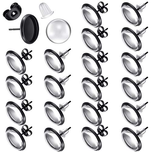 Hicarer 200 Pieces Stud Earring Kit, Including 50 Pieces 12 mm Stainless Steel Blank Stud 50 Rubber Back, 50 Pieces 12 mm Clear Glass Cabochons 50 Stainless Steel Earring Back for DIY Making (Black) - color: Clear