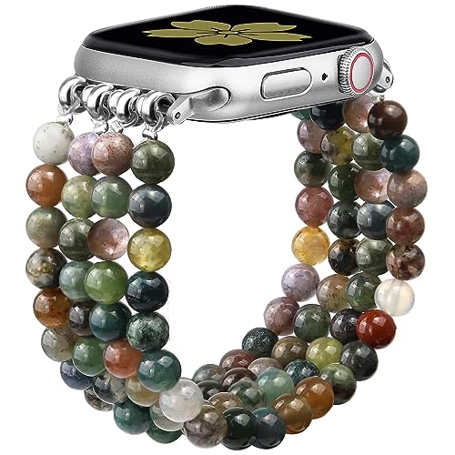 Newlibery Natural Stone Bracelet Beaded-Band Women Compatible with Apple Watch 42mm(S3/2/1) 44/45/46/49mm Feminine Handmade Stretch Strap for iWatch Series 11/10/9/8/7/6/5/4/3/2/1 SE 3/2/1 Ultra1/2/3 - color: A1 Indian Agate, size: 46(S10/11)/49/45/44/42m