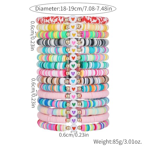 Friendship Bracelets Boho Stackable Bracelets for Women Surfer Heishi Clay Bead Bracelets Stretch Preppy Bracelets Colorful Boho Bracelets for Women - color: 15pcs heart