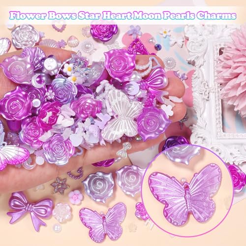 Cynailli 350 Pcs Junk Case Charms Purple 3D Resin ABS Rose Flower Bows Butterfly Charm with Bows Moon Heart Pearls Fun Beads Flatback Resin Charms for Craft DIY - color: color-S7